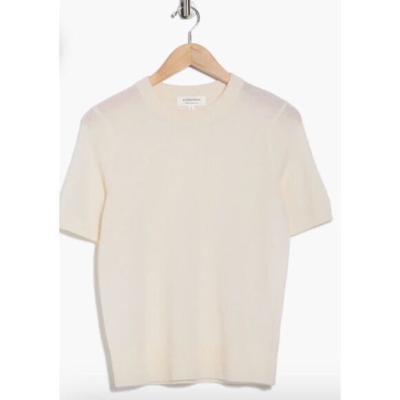 New NORDSTROM Short Sleeve Cashmere Sweater in Ivory Pristine Size Large - Picture 1 of 6